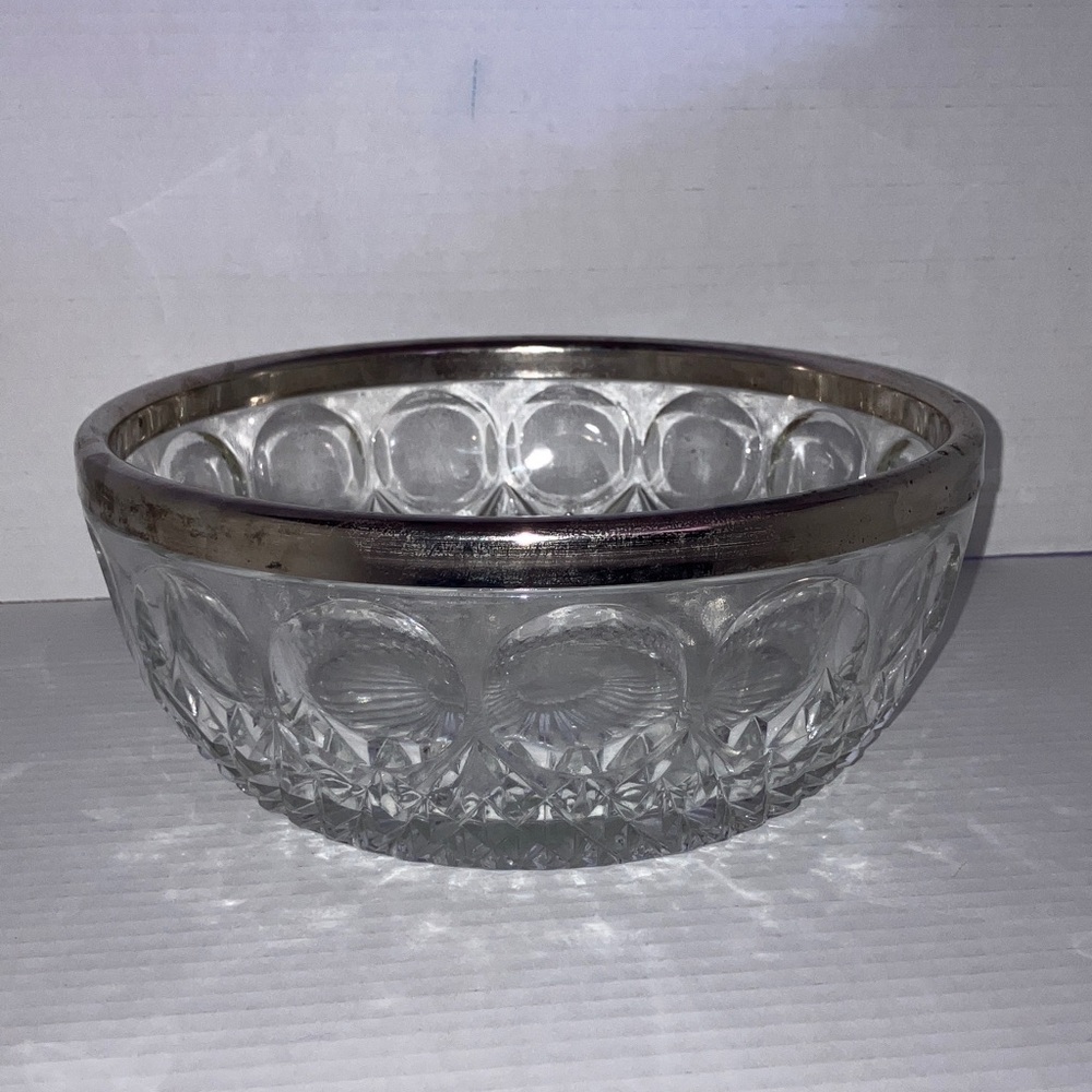VintageClear Cut Glass Serving Bowl with Silver Rim 9” Diameter 3” Depth